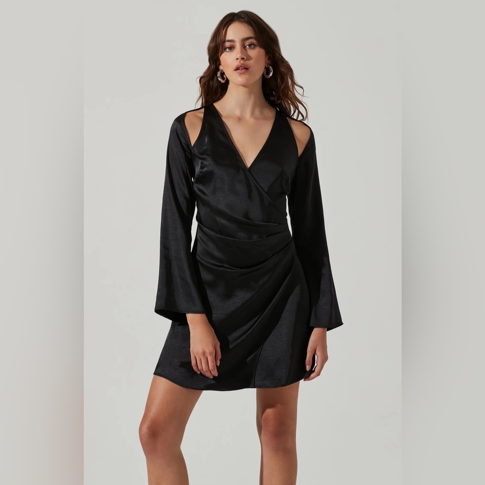 ASTR Shoulder Cut Out Satin Mini Black Dress